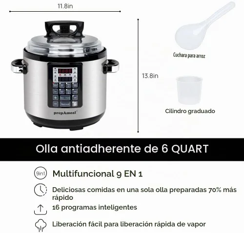 Vista 4 de Olla a presión eléctrica 9 en 1 de 6 cuartos de galón, olla antiadherente programable multifuncional, olla de cocción lenta, arroz, vaporera