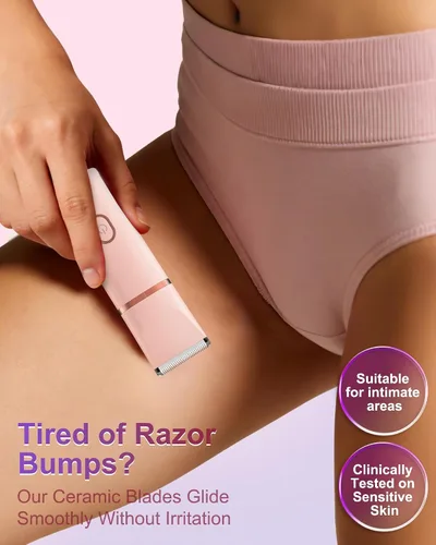 Vista 2 de Recortadora de bikini para mujer, recargable, con cuchillas de cerámica a presión, cabeza lavable IP7X, color rosa pastel