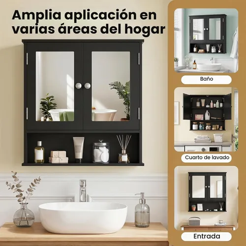 Vista 8 de GLACER - Armario de pared de baño moderno con espejo y estante ajustable Negro