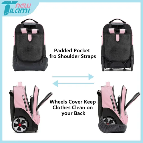 Vista 5 de NEW TILAMI Mochila con ruedas de 19 pulgadas con bolsa de almuerzo para niñas y niños, mochila para laptop con ruedas, bolsa de mano duradera