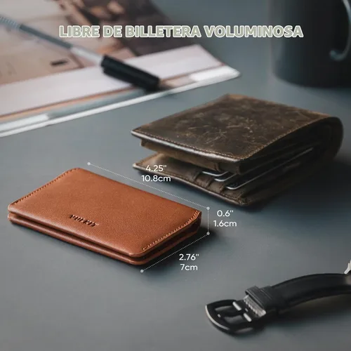 Vista 4 de VULKIT Cartera delgada minimalista con bloqueo RFID de cuero para tarjetero de tarjetas de crédito con bolsillo frontal y cierre magnético, Marrón
