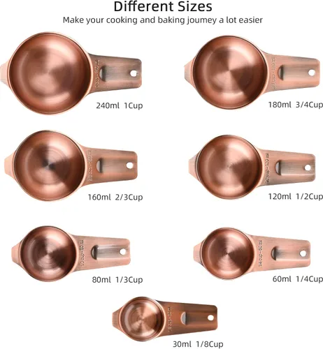 Vista 4 de Juego de tazas y cucharas medidoras de cobre, juego de tazas y cucharas medidoras de acero inoxidable, taza métrica y estadounidense 7 medida y 9