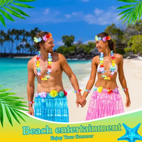 Vista 7 de Juego de 50 faldas de hula con flores, 10 faldas de hierba hawaiana para niñas, 10 Leis hawaianos 10, collar Luau, 20 pulseras tropicales, traje