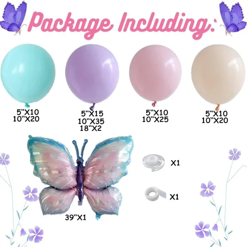 Vista 2 de Kit de arco de guirnalda de globos de mariposa, 148 globos rosa pastel y morado con alas de hada, globo de aluminio de mariposa para bodas