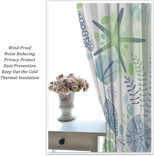 Vista 7 de Cortinas de decoración de playa con océano azul, peces náuticos costeros playeros de verano, conchas marinas, temática infantil, dormitorio, sala