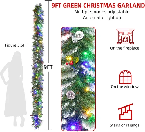 Vista 2 de Guirnalda de Navidad de 9 pies con luces - Guirnalda de Navidad iluminada con 50 luces LED alimentadas por batería, 8 modos de iluminación