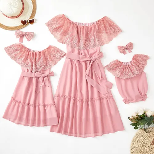 Vista 3 de PopReal - Vestidos con estampado floral a juego para madre e hija, de gasa, con volantes, manga corta, para la playa, con diadema, con tira de tela