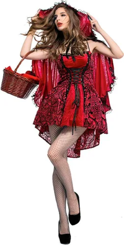 Vista 3 de Boleyn Disfraz de capucha roja para mujer, vestido sexy de cuento de hadas de Halloween, Rojo