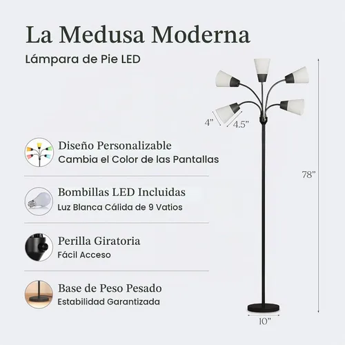 Vista 3 de Brightech Medusa - Lámpara de pie LED moderna – Lámpara de pie de múltiples cabezales para salas de estar y oficinas – Lámpara alta con pantalla