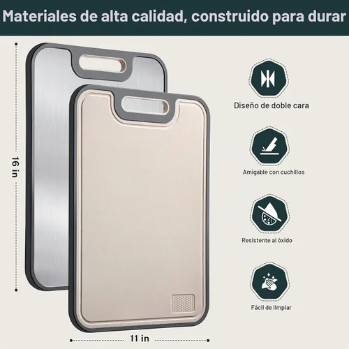 Vista 4 de Tabla de Cortar de Acero Inoxidable, Tabla de Cortar Grande de Doble Cara para Cocina, Acero Inoxidable 18/8 y PP de Paja de Trigo, Grado