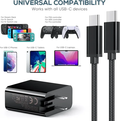 Vista 3 de YUANHOT - Cargador para plataforma de vapor e interruptor adaptador de cargador rápido USB C de 65 W 45 W con enchufe plegable y cable
