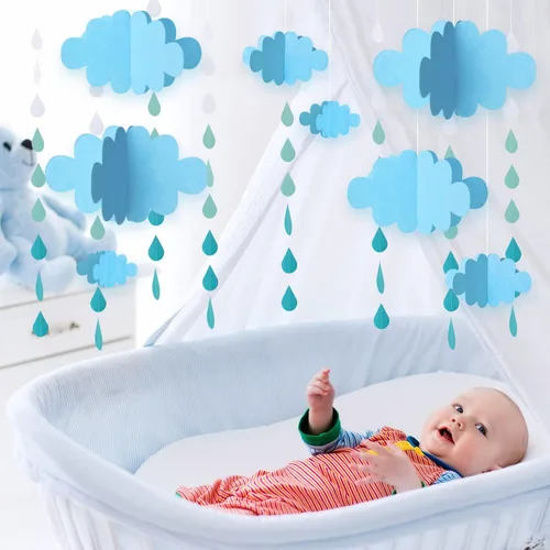 Vista 4 de 16 piezas de decoración de nube en 3D, nubes colgantes azules y gotas de lluvia para decoración de techo colgante para fiestas, guardería