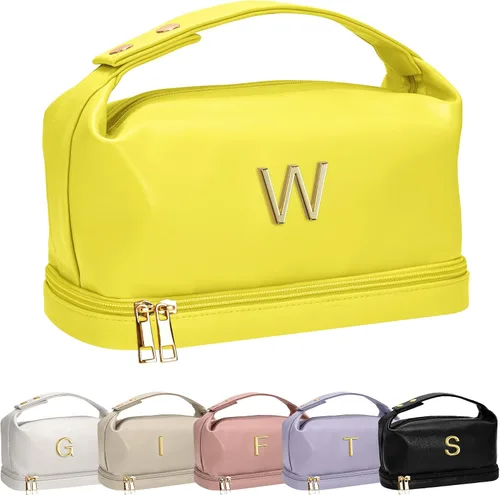 Vista 116 de Bolsa de maquillaje con asa, bolsa de cosméticos impermeable de doble capa, bolsas de maquillaje de cuero PU de gran capacidad con letra, bolsa