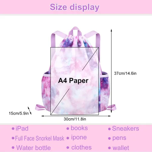 Vista 2 de RHCPFOVR Mochila con cordón para niños, bolsas de unicornio para niñas, gimnasio, baile, playa, natación, bolsa de viaje con dos soportes