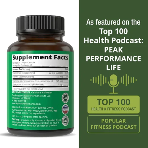 Vista 6 de Peak Performance Vitamina D avanzada de 2000 UI con los 3 tipos de vitamina K, vitamina D3 y vitamina K2, K1, MK-7 (MK7), suplementos MK4 - 60