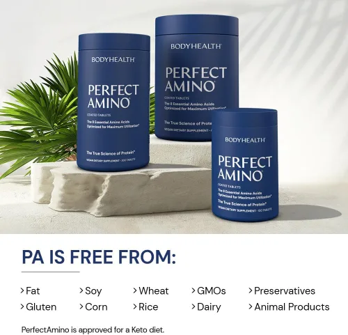 Vista 6 de BodyHealth PerfectAmino (150 unidades) Tabletas fáciles de tragar, suplemento de aminoácidos esenciales con BCAA, proteína vegana para entrenamiento