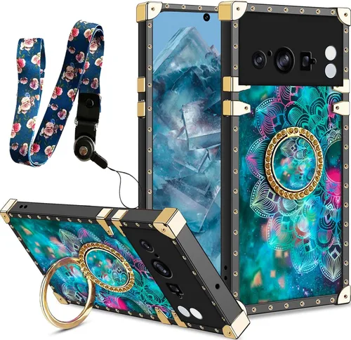 Vista 63 de nancheng Funda para Google Pixel 6 de lujo, diseño de abeja, corazón y abeja, chapado en oro, con anillo de diamante de 360°, correa de cordón