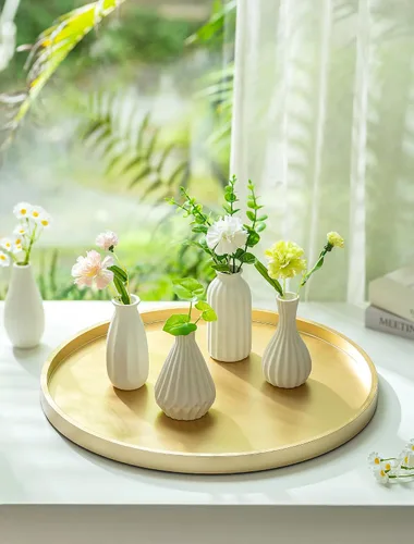 Vista 4 de Hanobe Bandeja otomana grande para servir: bandejas decorativas redondas doradas de 18 pulgadas para mesa de centro de mesa de centro de madera