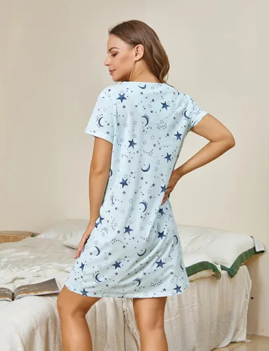 Vista 6 de PNAEONG - Camisón de algodón para mujer, de manga corta y con estampado, ropa de dormir informal