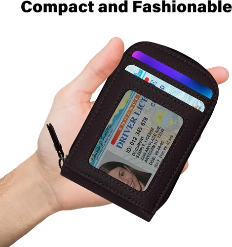 Vista 17 de RFID mini organizador de tarjetas de crédito, cuero auténtico, billetera compacta con visor de identificación, S, Negro