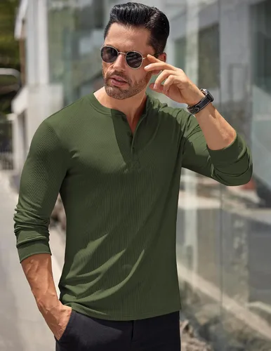 Vista 28 de COOFANDY Camisas Henley de manga larga para hombre, camisetas elásticas acanaladas, camisetas básicas casuales de moda