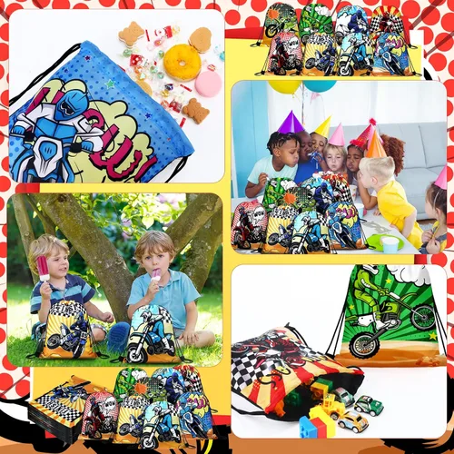 Vista 6 de Boao Paquete de 16 bolsas de regalos de motocross con cordón para fiestas temáticas de carreras, bolsas de regalos para fiestas de cumpleaños