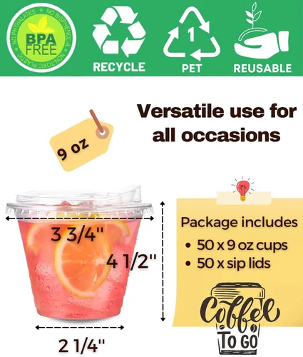 Vista 4 de Vasos de plástico transparente de 9 onzas con tapas para sorber sin pajita, 50 juegos de vasos desechables de plástico para café helado, vasos
