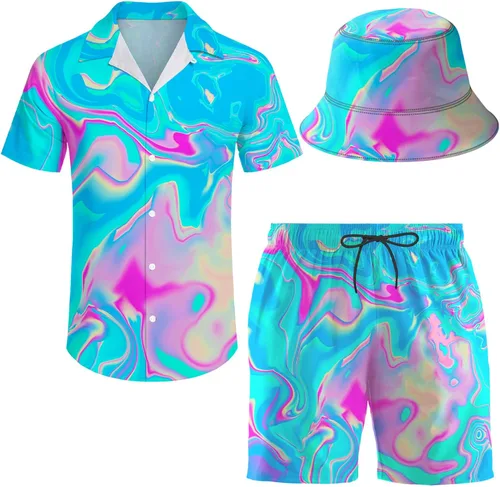 Vista 6 de Conjunto deportivo de 2 piezas para hombre, camisa hawaiana, pantalones cortos, camisa con botones y pantalones cortos con sombreros de pescador