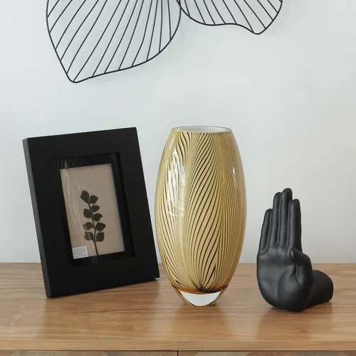 Vista 3 de Ca D Oro - Florero de cristal estilo Murano, patrón de plumas de ámbar, vidrio soplado a mano para flor, decoración de habitación y centro de mesa