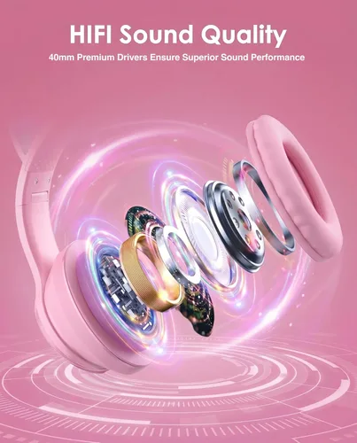 Vista 6 de Auriculares plegables inalámbricos Bluetooth 5.1 con luz LED, VIGROS estéreo, música, sonido envolvente con micrófono AUX para PC, pad, móvil