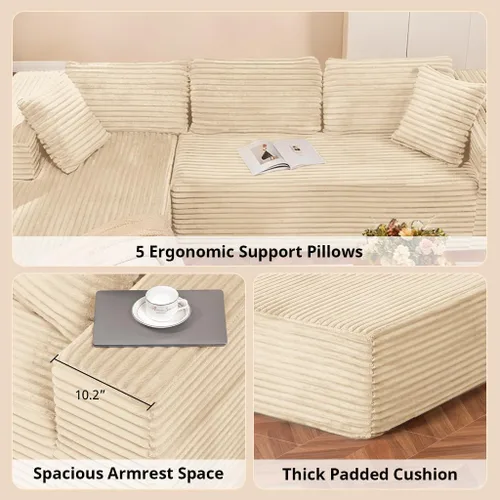 Vista 6 de COMHOMA - Sofá seccional modular de 105" con asiento profundo, sofá en forma de L tapizado en nube, brazos anchos, tela de corduroy, chaise lounge