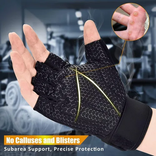 Vista 4 de ihuan Guantes transpirables para levantamiento de pesas: soporte de muñeca para ejercicio sin dedos Mejora la protección de la palma Agarre