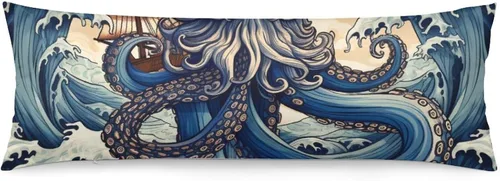 Vista 12 de Funda de almohada corporal de pulpo con barco, vela vieja en olas del océano, funda de almohada corporal de 20 x 54 pulgadas, funda de almohada