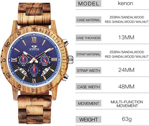Vista 3 de Relojes de madera grabados personalizados, de lujo, analógicos, de cuarzo, con fecha, cronógrafo, multifuncional, de madera, para hombres