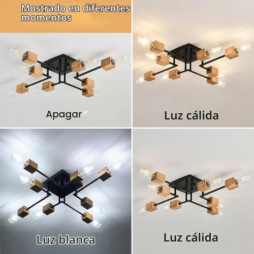 Vista 3 de Lámpara Sputnik moderna de 8 luces, color negro y madera, estilo retro, mate, lámpara de techo bohemia para cocina, comedor, sala de estar