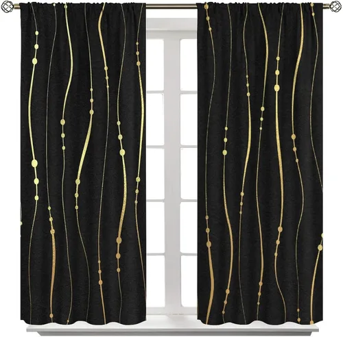 Vista 52 de Cortinas Negras con Dobladillo Dorado, Cortinas Opacas con Bolsillo para Barra con Estampado de Rayas de Foil en Onda Dorada para Decoración de Negro