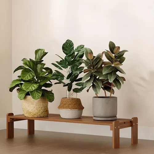 Vista 19 de Soporte rectangular para plantas de madera maciza de 1 nivel, 4 patas, flores, suculentas, rábano verde, de una sola capa, escalera de balcón Marrón