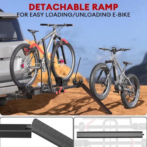 Vista 3 de Portabicicletas para 2 Bicicletas Eléctricas con Rampa para Enganche, Capacidad de 170 libras, Portador Plegable de Bicicletas Eléctricas para 2