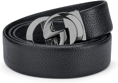 Vista 6 de Cinturones de trinquete de cuero para hombre, hebilla automática con caja de cinturón, regalo para hombres Negro 02