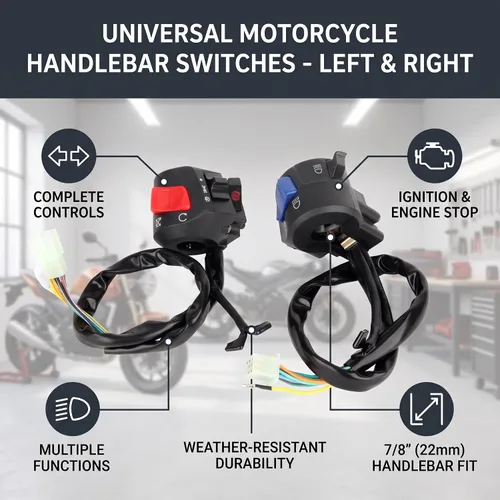Vista 4 de Kit completo de control de manillar de motocicleta, ajuste universal con intermitentes de bocina para faros delanteros para todas las motocicletas