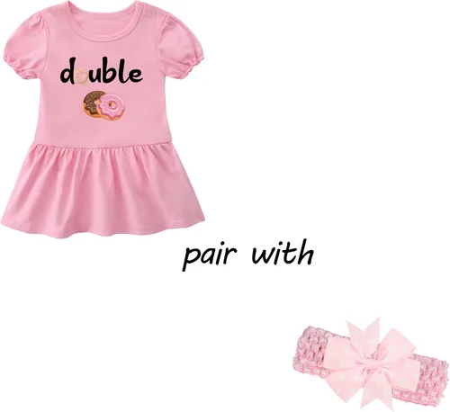 Vista 2 de YSCULBUTOL Conjunto de mameluco para bebé gemelas, doble problema, dulce donas, trajes para niña, vestidos de hermana, mameluco con diadema