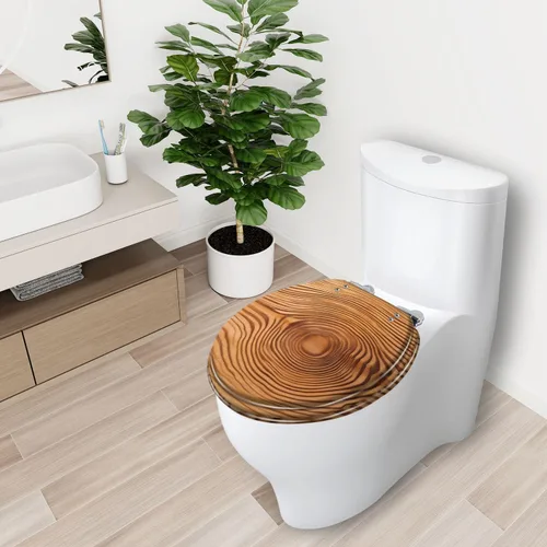 Vista 7 de Asiento de inodoro alargado con tabla de cedro, hermoso asiento de inodoro de resina de grano de madera, cierre silencioso y lento con bisagras