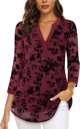 Vista 5 de Timeson - Blusas de manga de 3/4 para mujer, estilo casual, con cuello en V, camisas largas de vestir de doble capa, de malla Negro