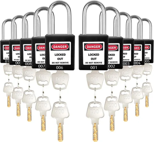 Vista 14 de Juego de 5 cerraduras de bloqueo con llave negra, 2 llaves por cerradura, candados de seguridad compatibles con OSHA para kit de etiqueta de bloqueo
