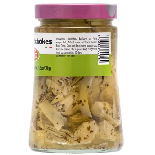 Vista 2 de Alcachofas rústicas en rodajas en aceite, calidad premium, seleccionado por el chef, tarro grande: 24.7oz (700 g), antipasto, marca italiana premium