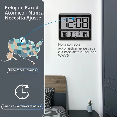 Vista 6 de LFF Reloj atómico de 11,5 pulgadas con fecha de temperatura interior y Negro