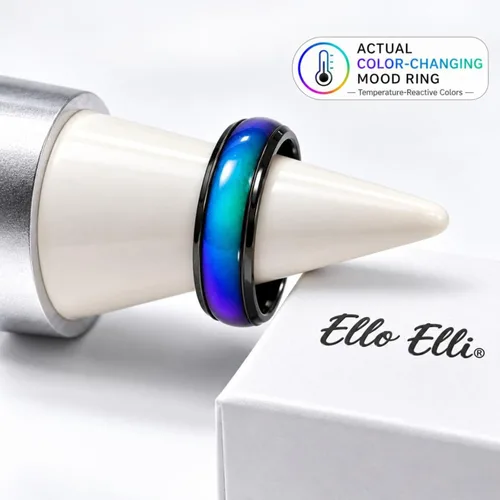 Vista 4 de Ello Elli - Anillo de humor de 6 mm actualizado hecho de acero inoxidable - Cristales multicolor de arcoíris - Banda de ajuste cómodo - Anillo retro