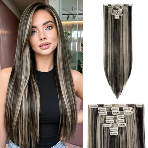 Vista 26 de S-noilite 8 piezas de extensiones de cabello largo con clip para mujer, extensiones de cabello sintético de doble trama, 18 pulgadas, #12H24 Honey