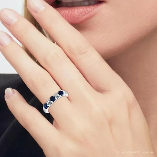 Vista 6 de Anillo de aniversario de bodas de cinco piedras con diamantes de zafiro azul de 1 qt en oro blanco de 14 quilates