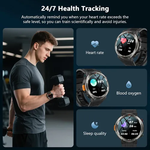 Vista 5 de IOWODO Reloj inteligente militar para hombre, batería de 100 días de duración, rastreador de actividad física con linterna LED / brújula, monitor